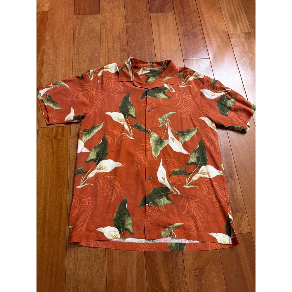 Tommy Bahama Button Down Shirt Mens Orange Floral‎ Tropical 100% Silk Small